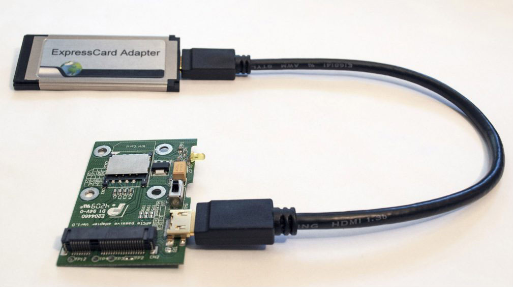 A testing board with a MiniPCIe connector. The board can be plugged into an ExpressCard port via a short cable.
