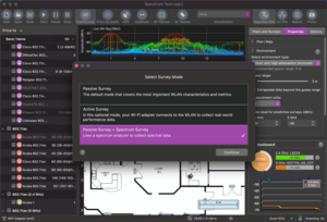 Survey type selection dialog and live RF spectrum view in the background (running on macOS)