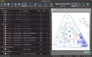 Expanded AP properties panel on the left and floor plan with walkabout paths on the right (running on macOS)