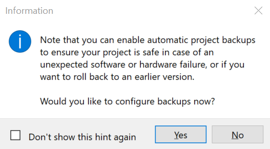 TamoGraph information dialog offering to open the automatic project backup settings.