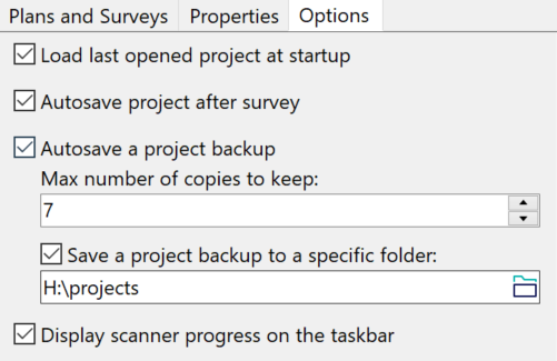 TamoGraph Options tab showing automatic project backup settings for the number of versions and backup folder.