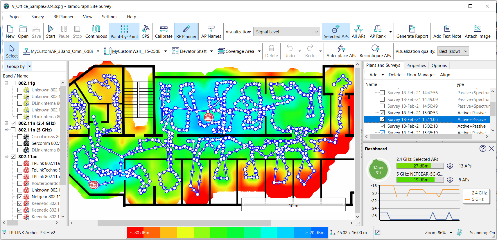 TamoGraph application showing a measured survey path and a signal-level map on an office floor plan.